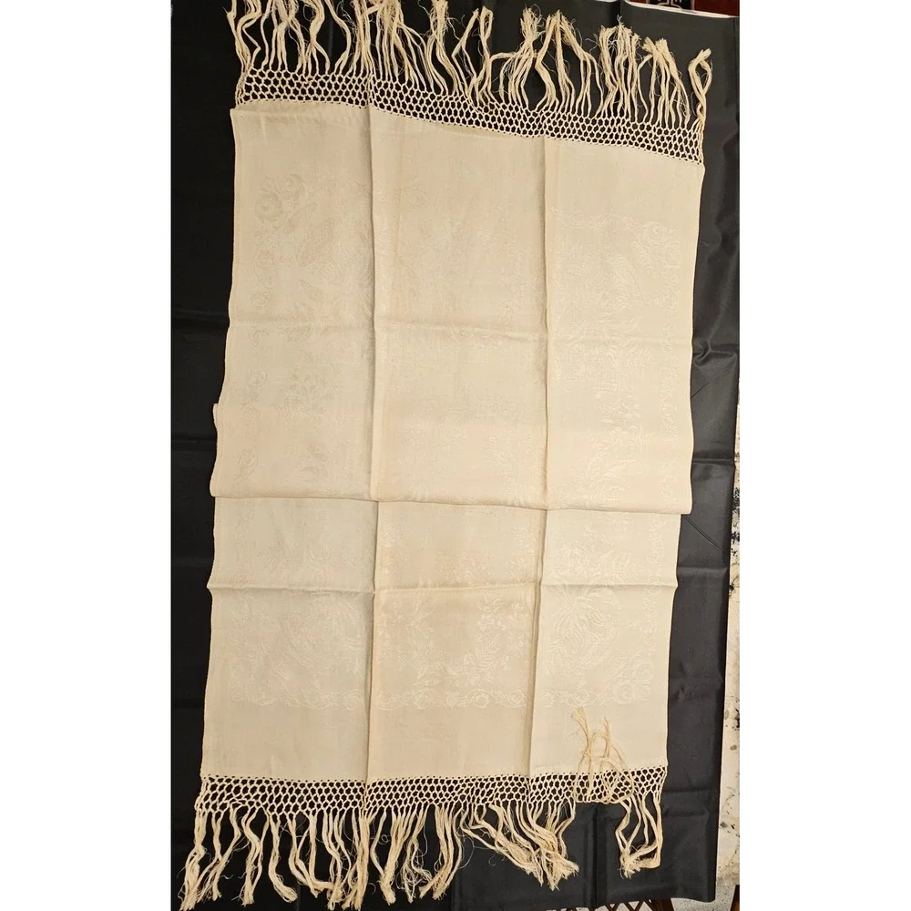 Vintage Cream Damask Show Linen Towels Runner Hand knot 6